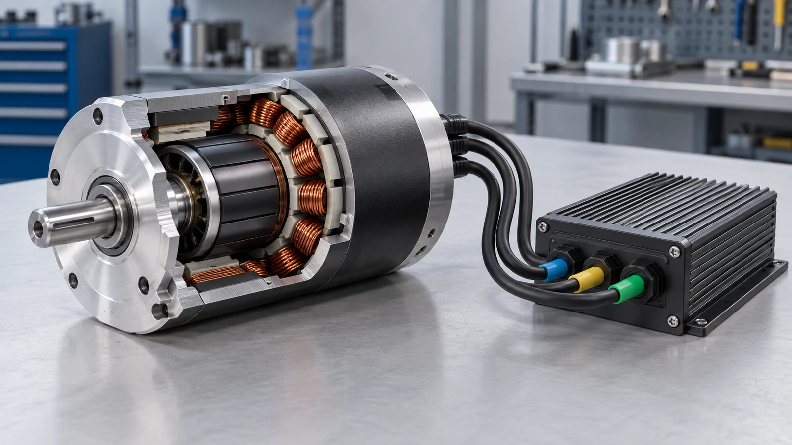 Illustrative cutaway of a brushless DC motor connected to a three-phase controller