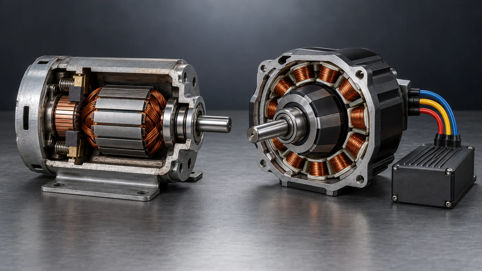 Cutaway comparison of a brushed DC motor and a brushless DC motor with controller