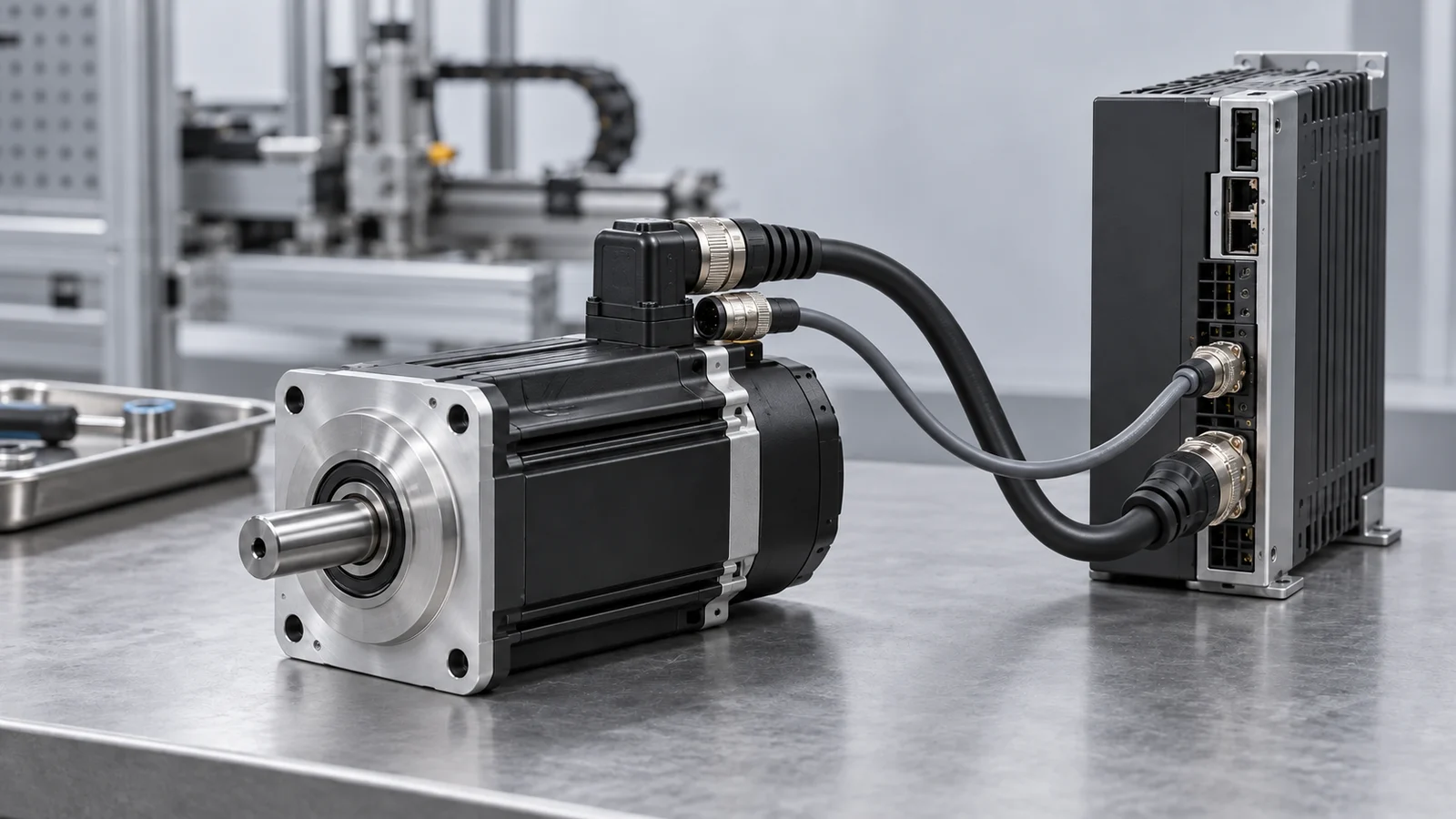 Industrial servo motor and drive with separate power and encoder cables