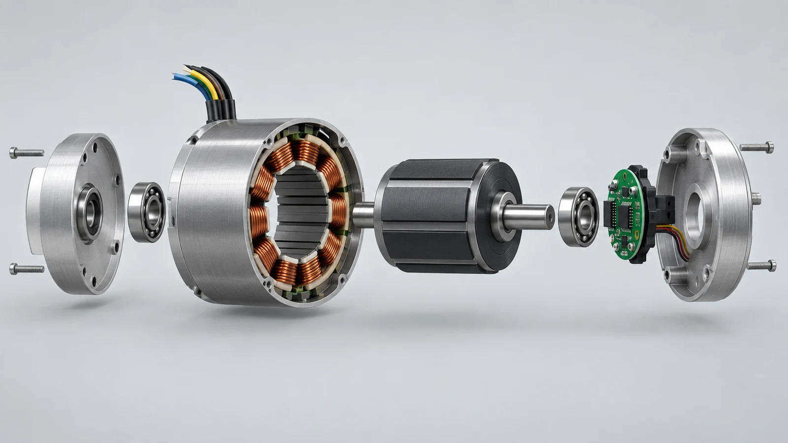 Exploded illustration of a BLDC motor showing the stator, rotor, bearings, shaft, end caps, and sensor board