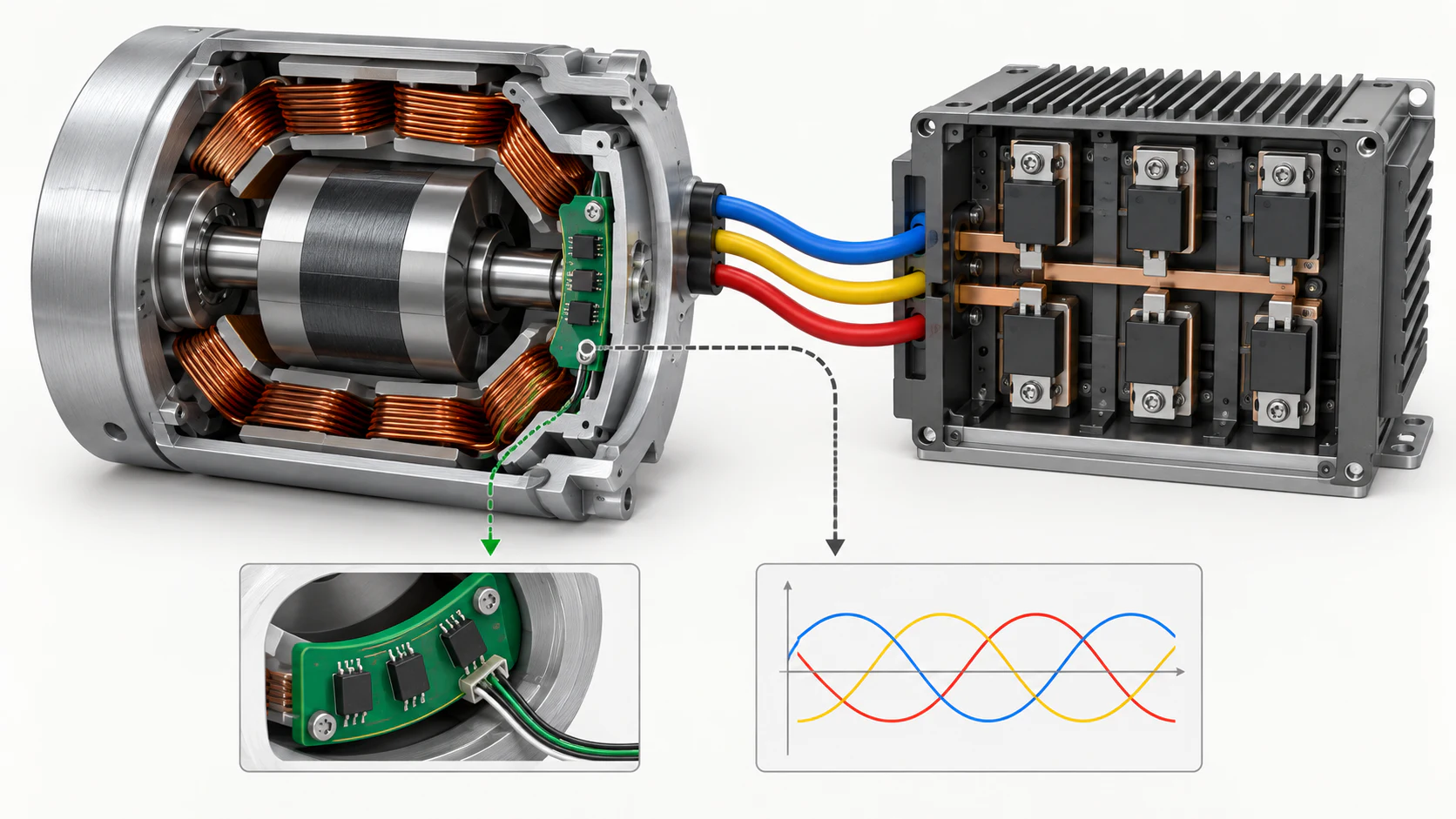 BLDC motor with controller, Hall sensor board and three-phase current illustration