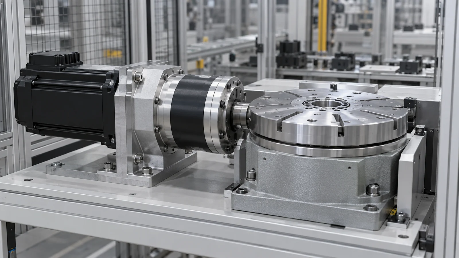 Servo motor and planetary gearbox driving a rotary indexing table